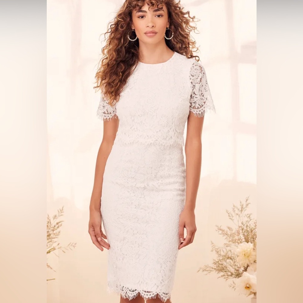 *NWT* Lulu’s Devotion White Lace Short Sleeve Midi Dress
